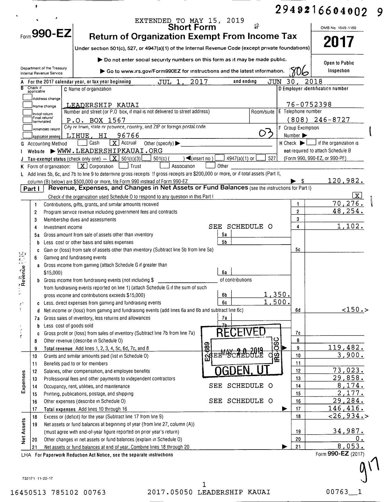 Image of first page of 2017 Form 990EZ for Leadership Kauai