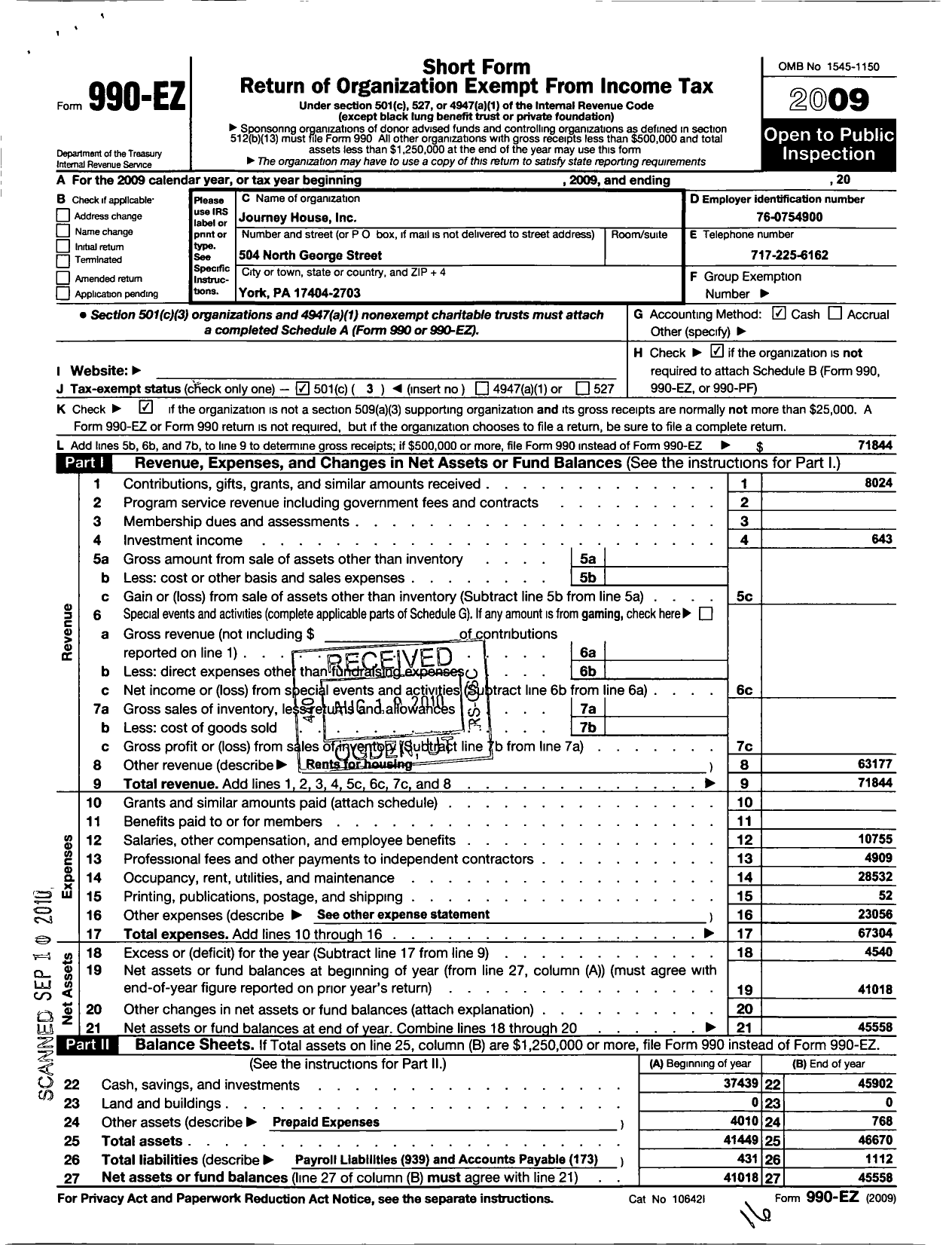 Image of first page of 2009 Form 990EZ for Journey House