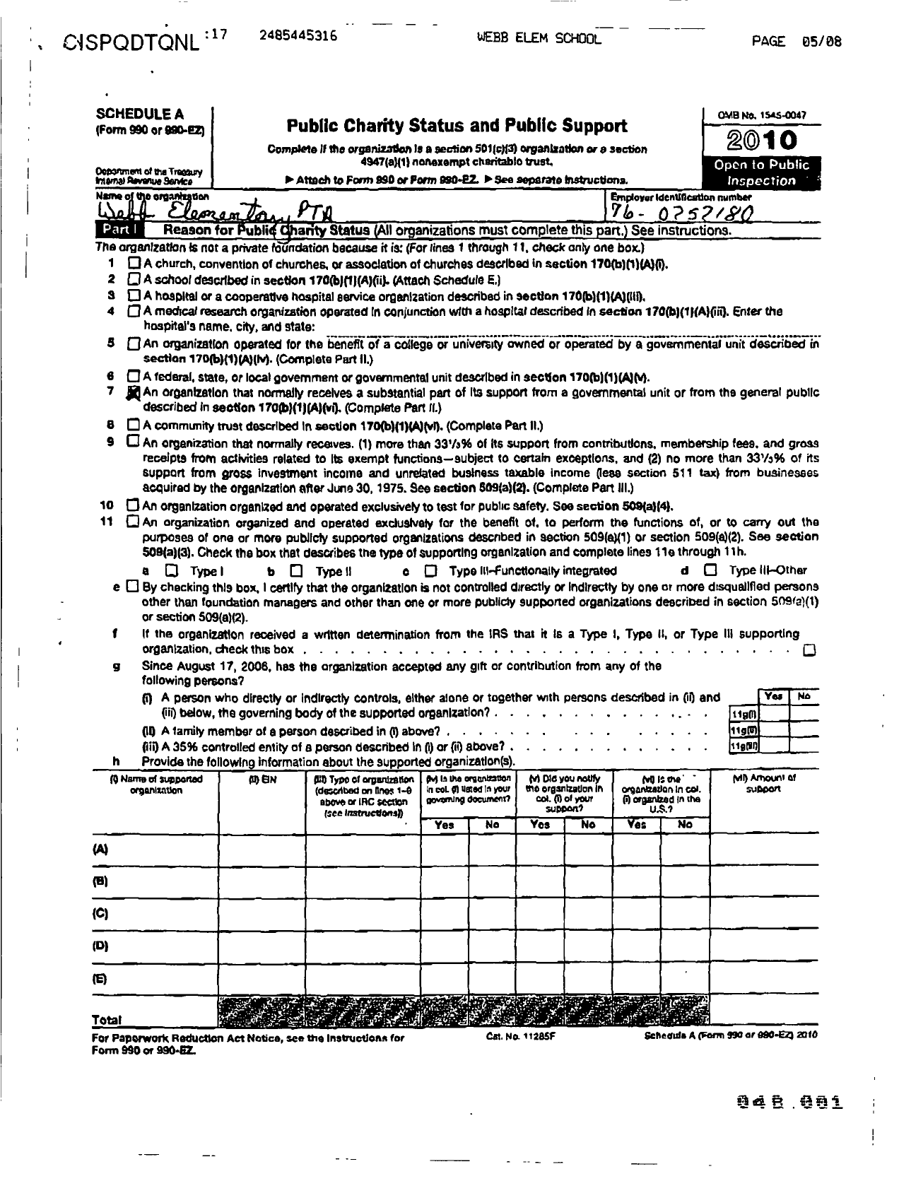 Image of first page of 2010 Form 990ER for Ptsa Michigan Congress of Parents Teachers and Students / Webb Elementary