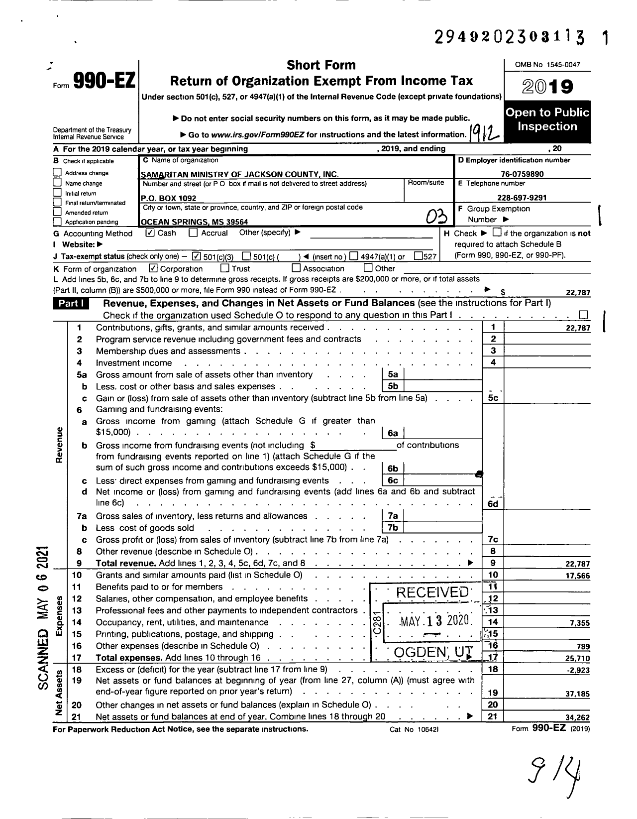 Image of first page of 2019 Form 990EZ for Samaritan Ministry of Jackson County