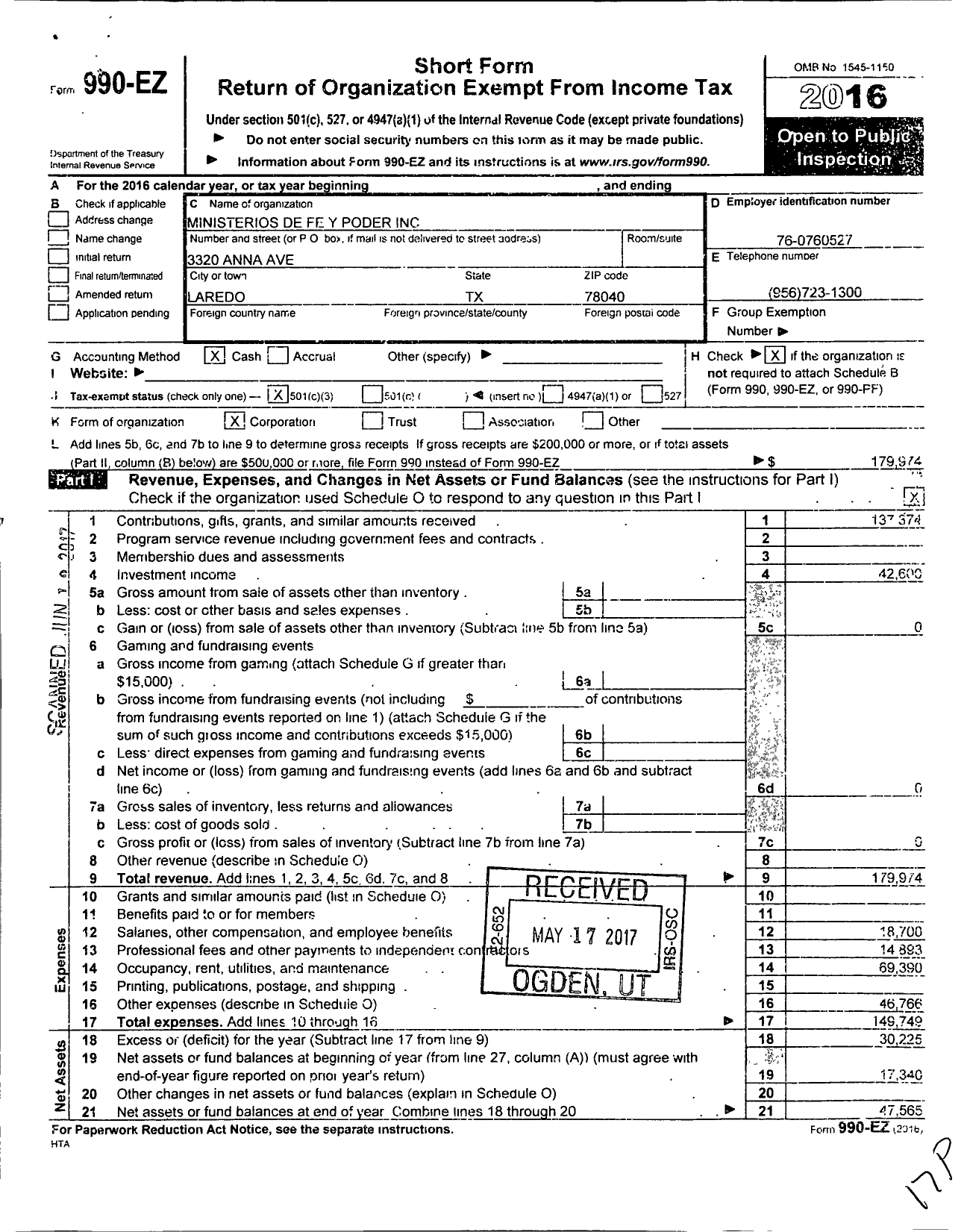 Image of first page of 2016 Form 990EZ for Ministries De Fe Y Poder