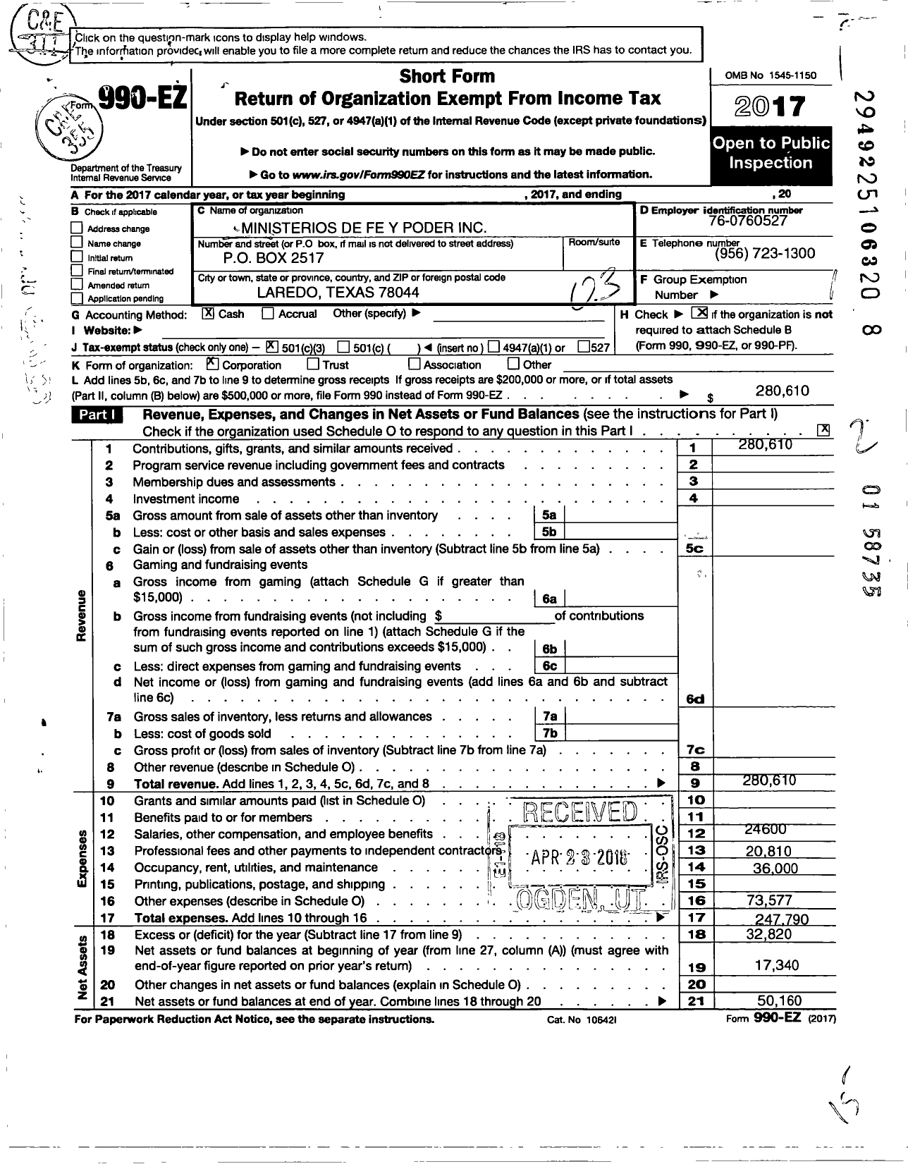 Image of first page of 2017 Form 990EZ for Ministries De Fe Y Poder