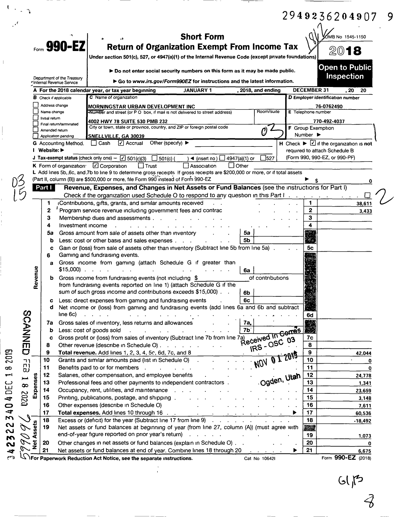 Image of first page of 2018 Form 990EZ for Morning Star Urban Development