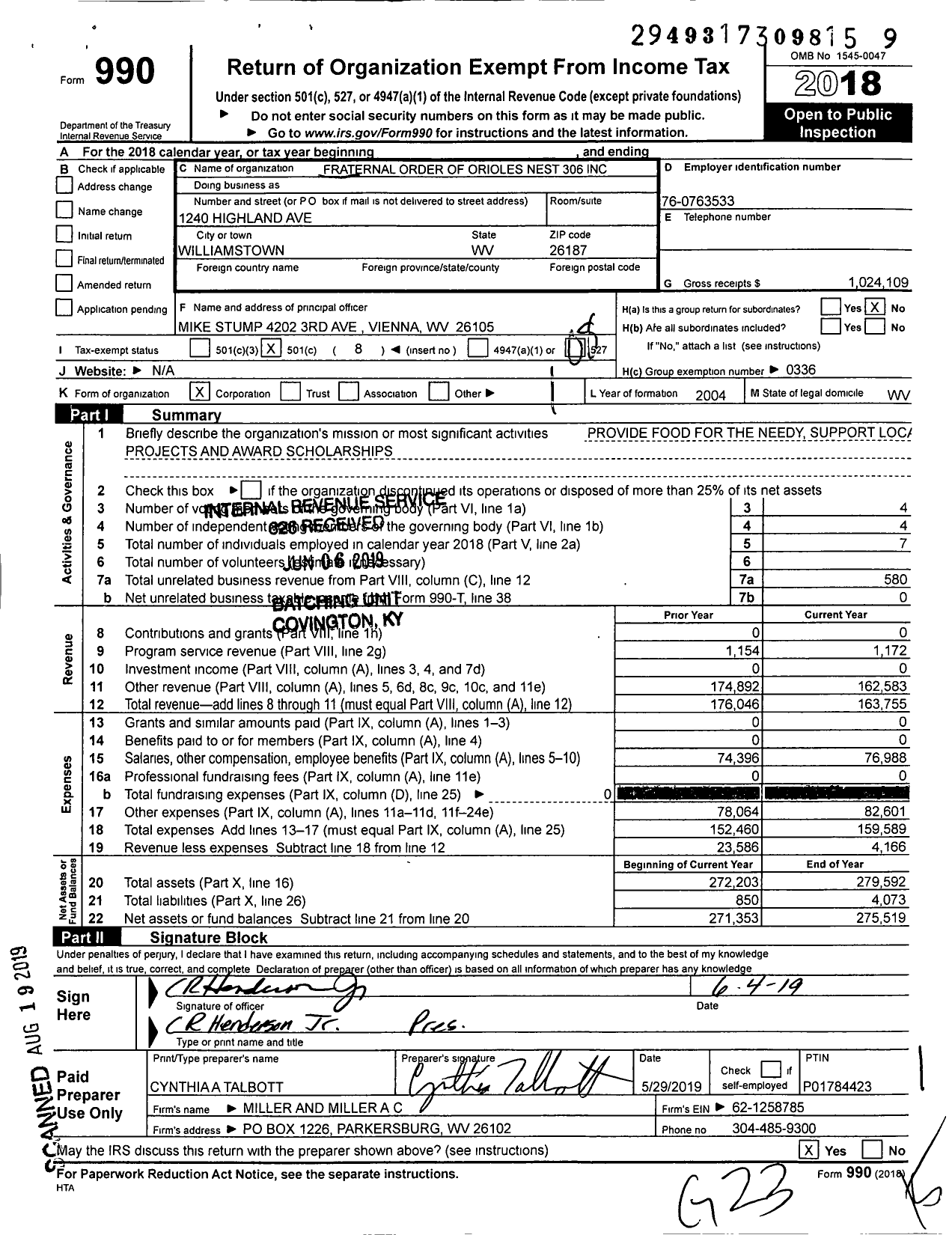 Image of first page of 2018 Form 990O for Fraternal Order of Orioles - 306 Williamstown Nest