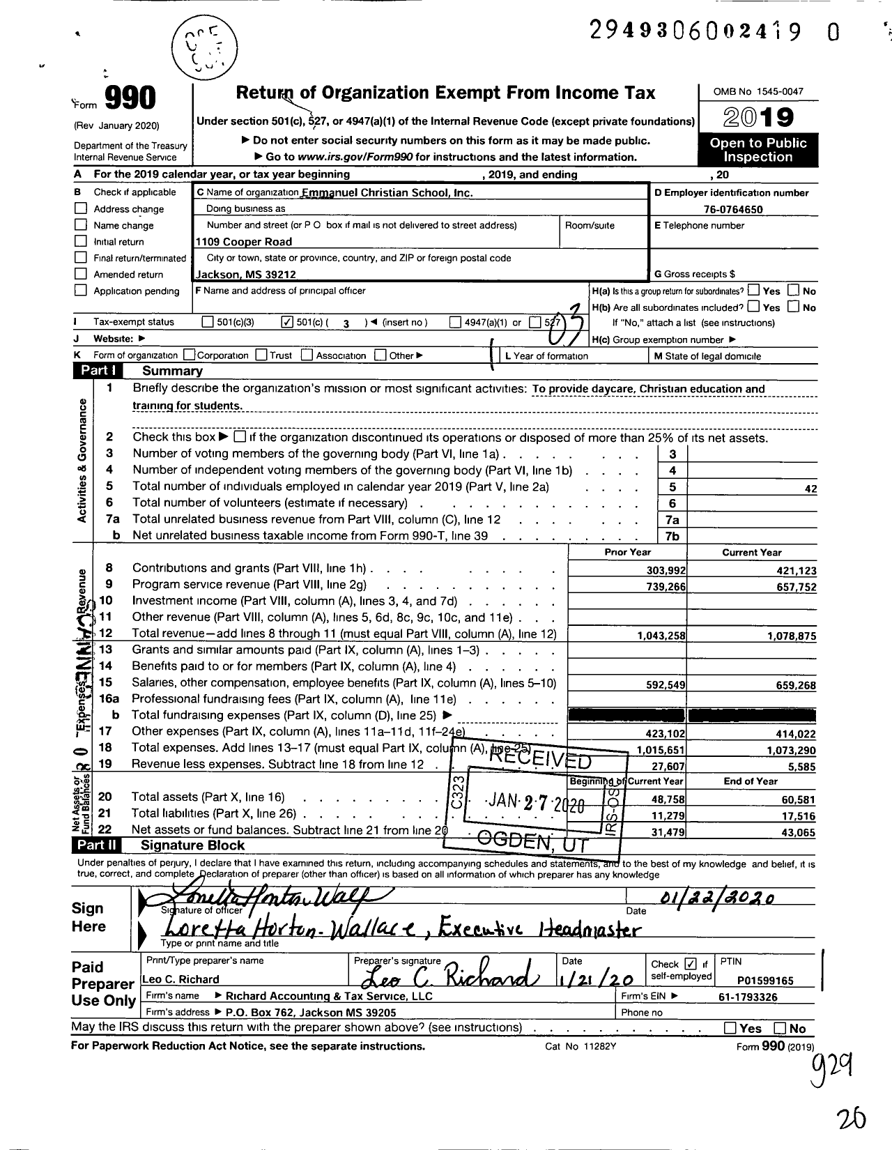 Image of first page of 2019 Form 990 for Emmanuel Christian School