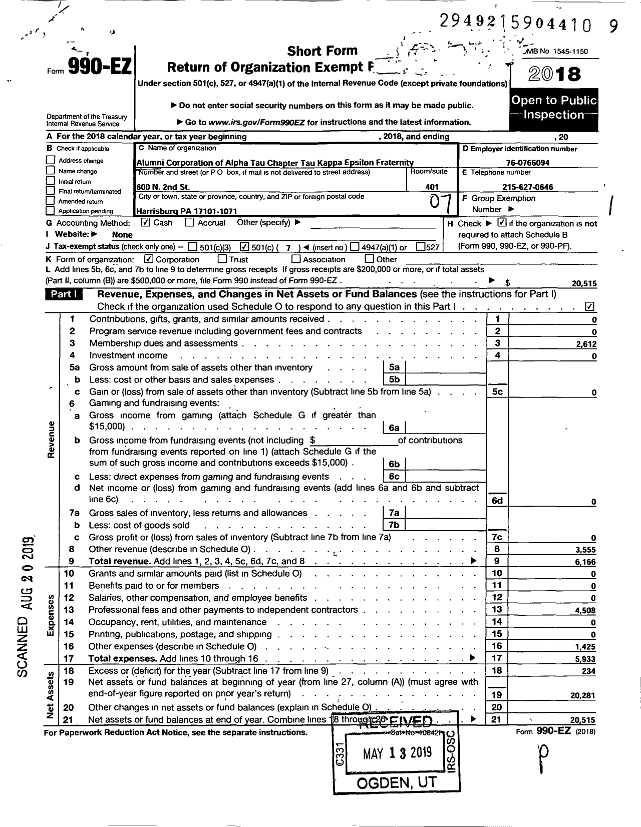 Image of first page of 2018 Form 990EO for Alumni Corp of Alpha Tau Chapter of Tke