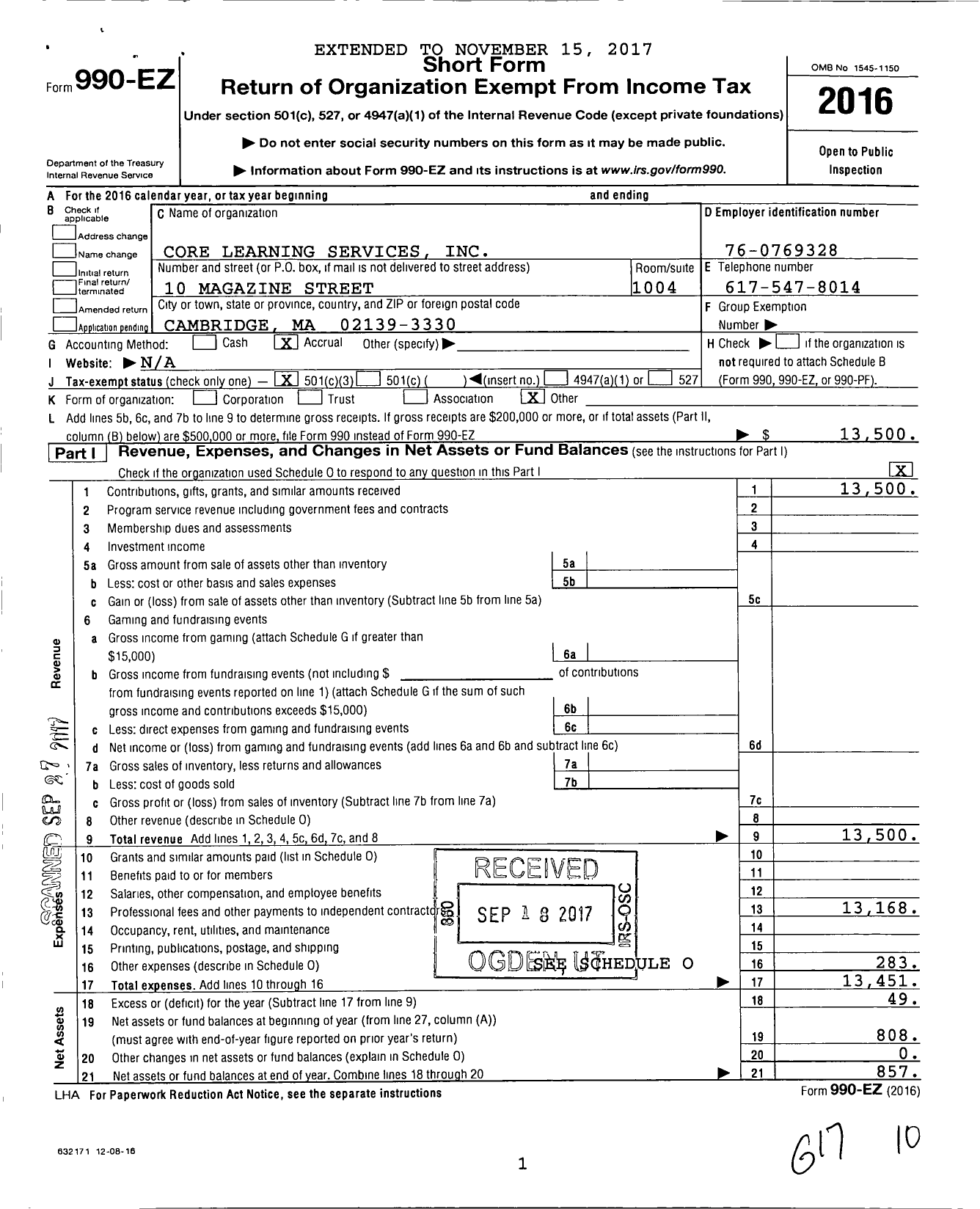 Image of first page of 2016 Form 990EZ for Core Learning Services