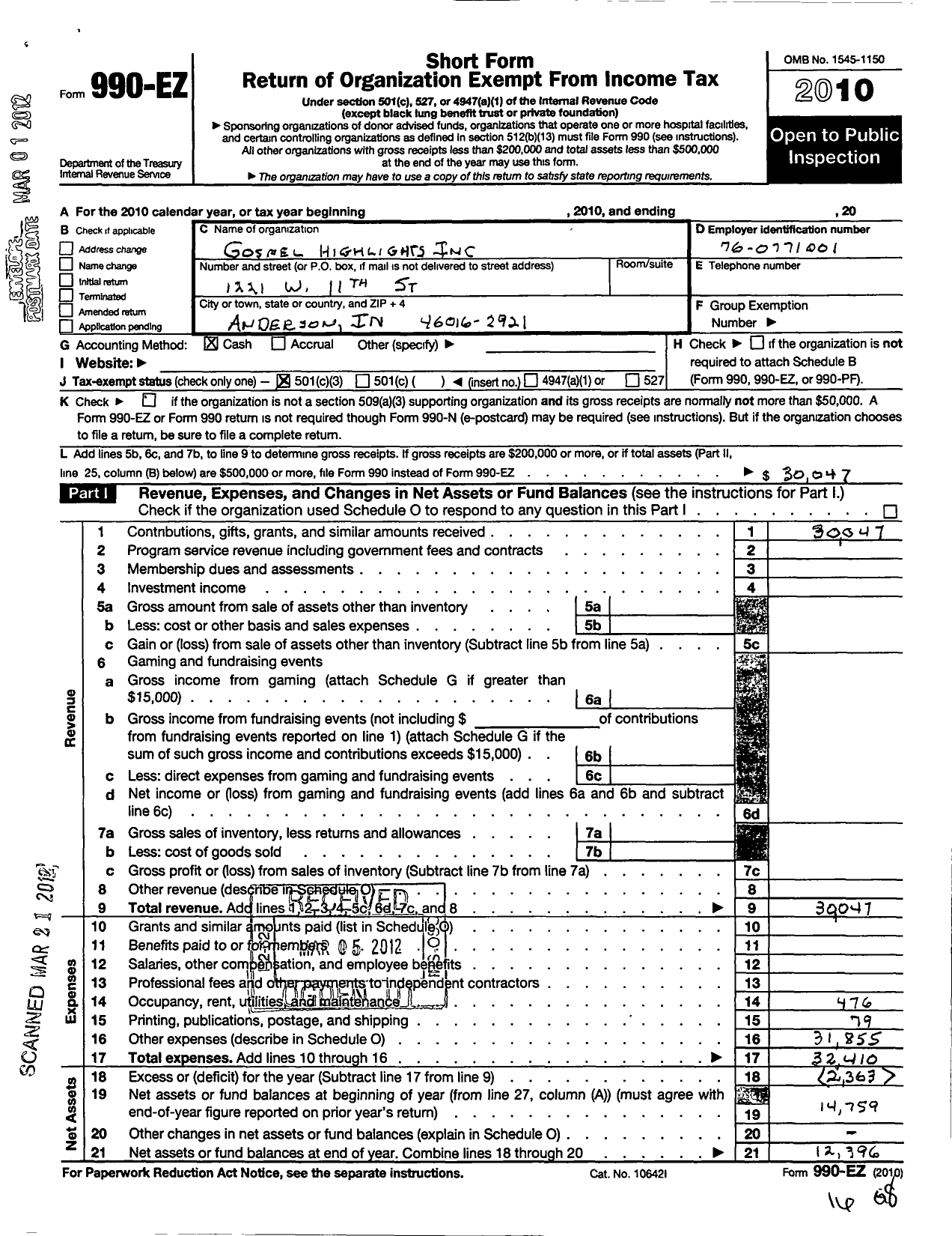 Image of first page of 2010 Form 990EZ for Gospel Highlights