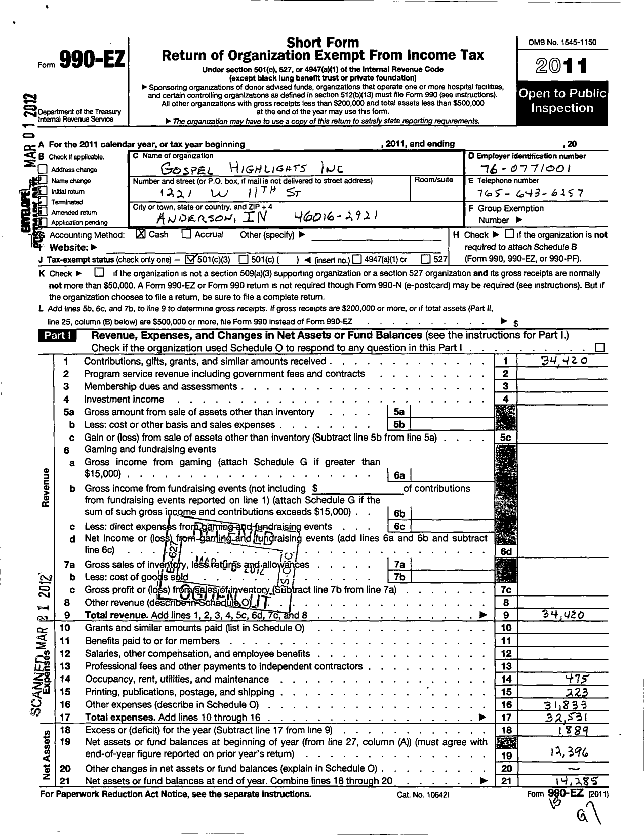 Image of first page of 2011 Form 990EZ for Gospel Highlights