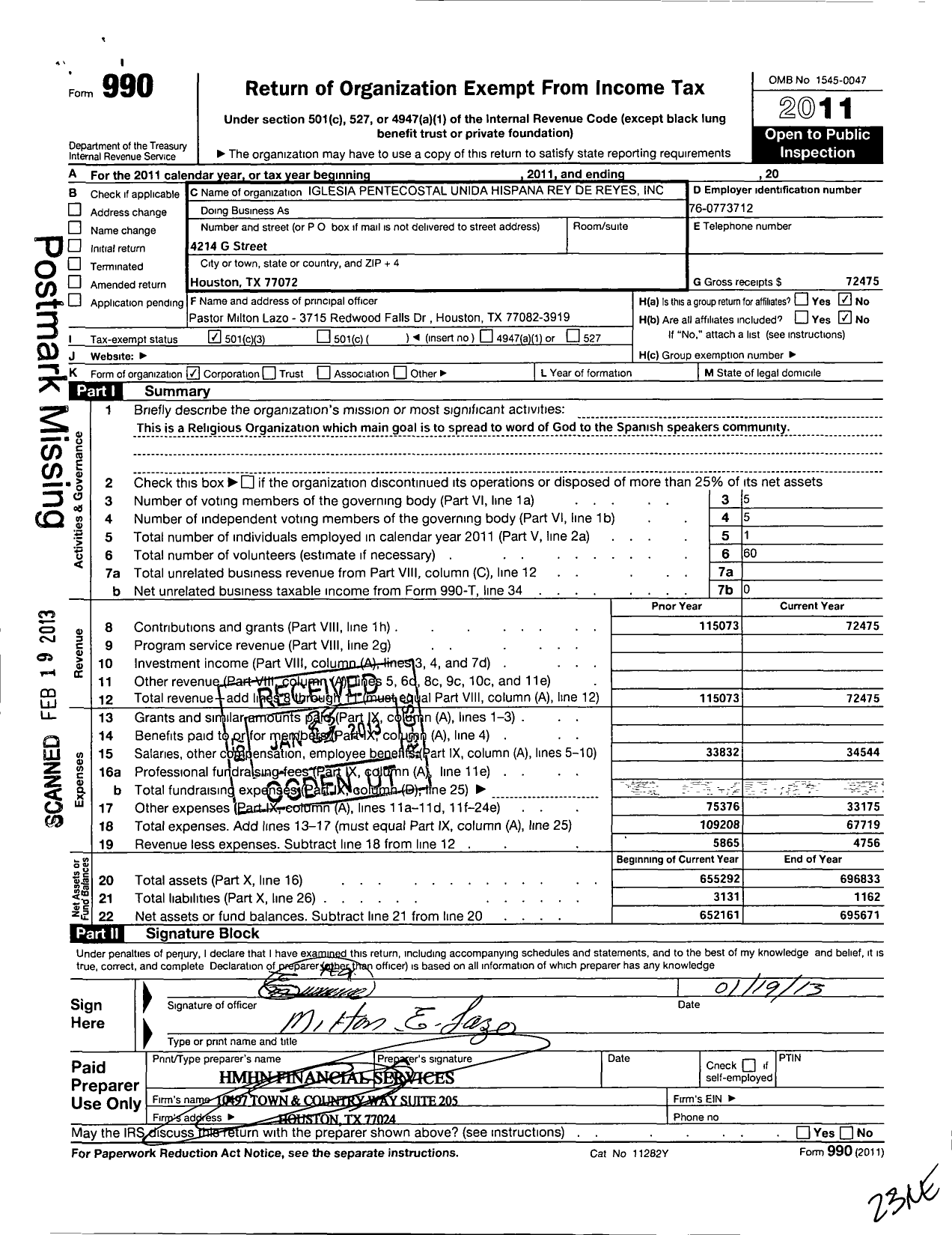 Image of first page of 2011 Form 990 for Iglesia Pentecostal Unida Hispana Rey de Reyes Iglesia Pentecostal Hispana Rey de Reyes