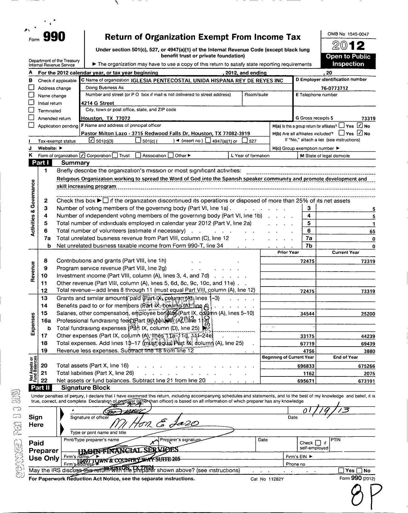 Image of first page of 2012 Form 990 for Iglesia Pentecostal Unida Hispana Rey de Reyes Iglesia Pentecostal Hispana Rey de Reyes