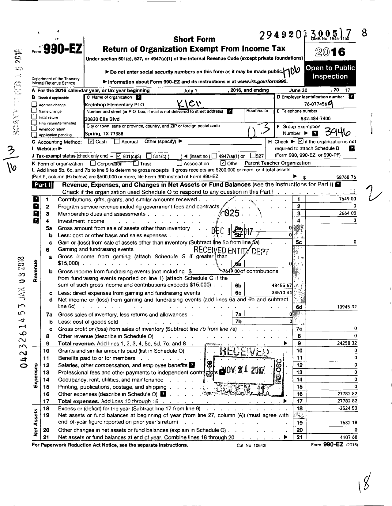 Image of first page of 2016 Form 990EZ for Klein Support Groups / Kreinhop Elementary Pto Inc