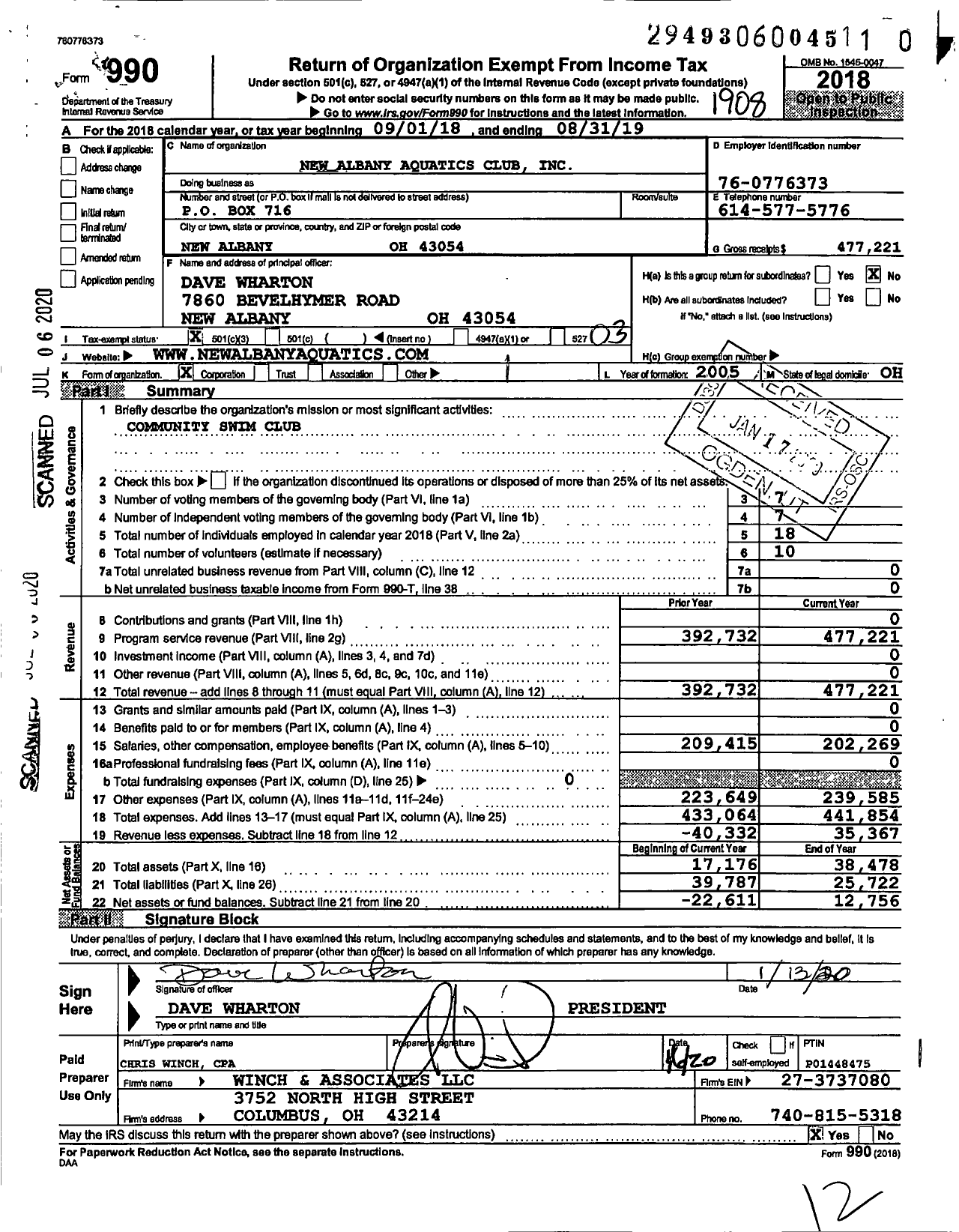 Image of first page of 2018 Form 990 for New Albany Aquatics Club