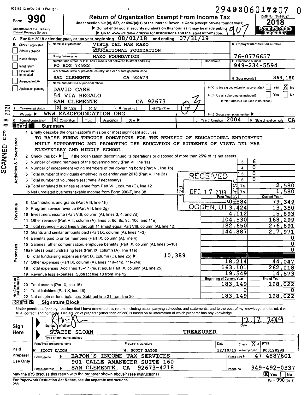 Image of first page of 2018 Form 990 for Mako Foundation / Vista Del Mar Mako Educational Foundation