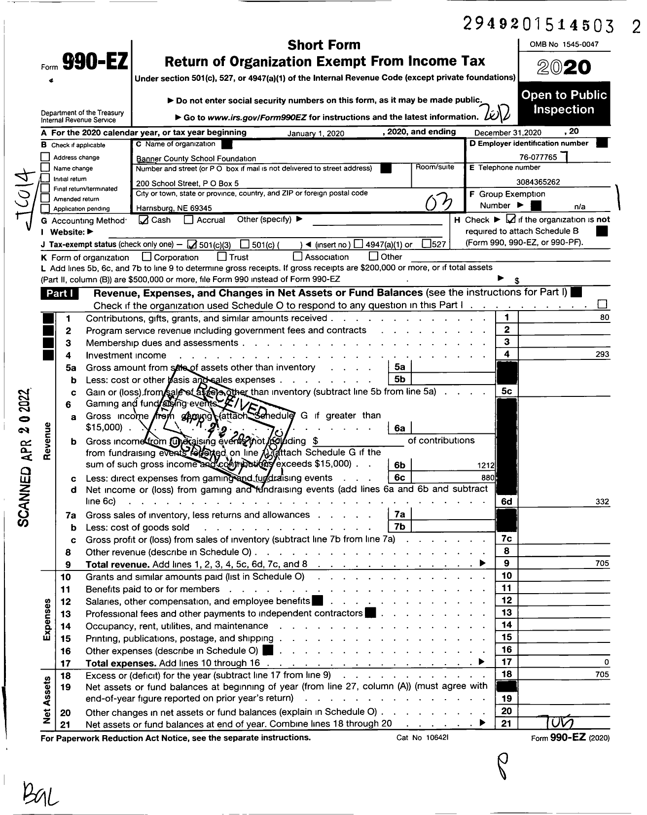 Image of first page of 2020 Form 990EZ for Banner County Public Schools Foundation