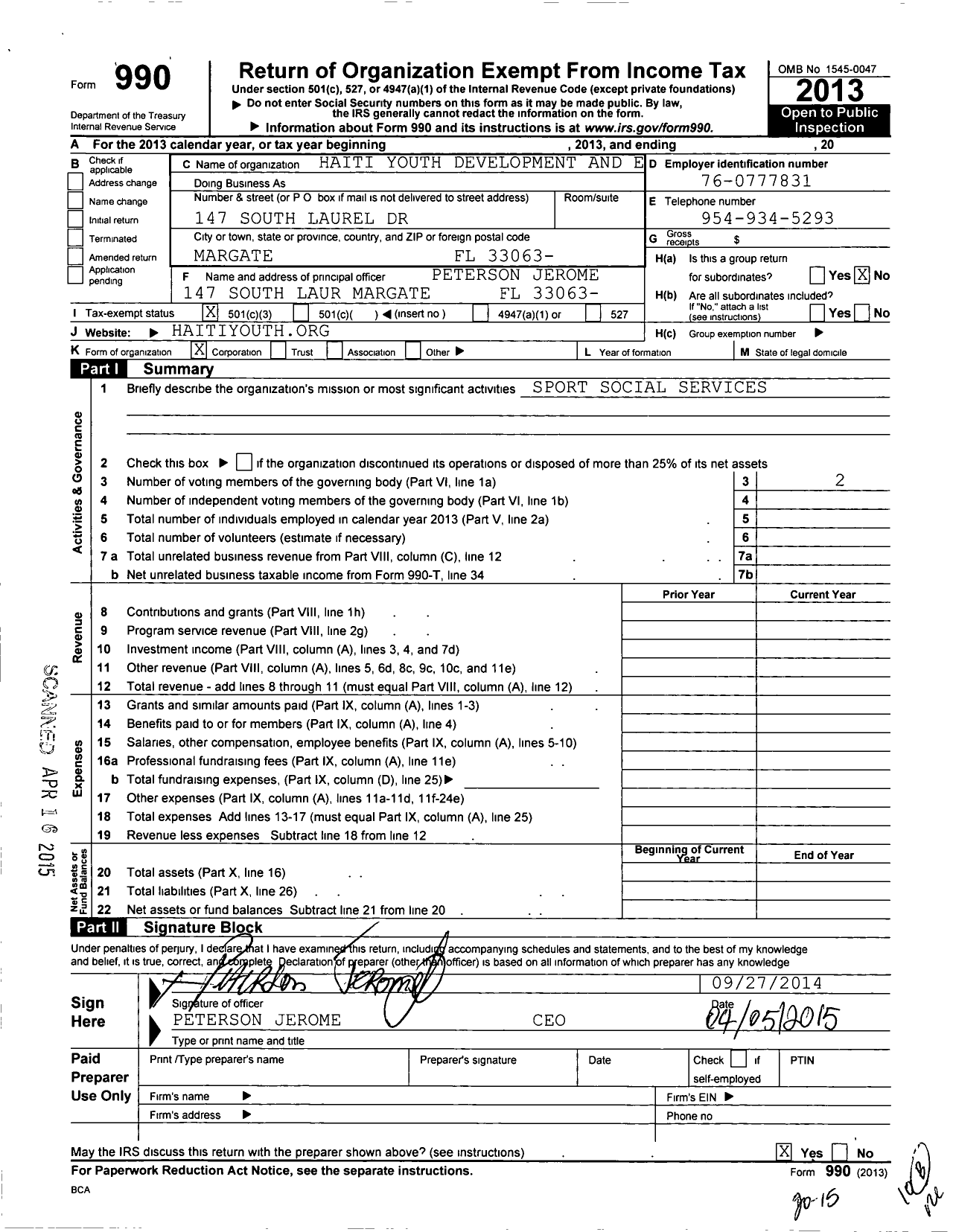 Image of first page of 2013 Form 990 for Haiti Youth Development and Education