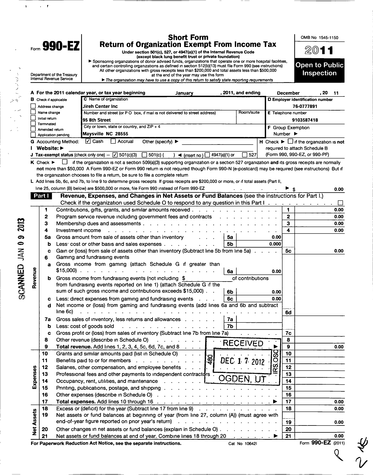 Image of first page of 2011 Form 990EZ for Jireh Center