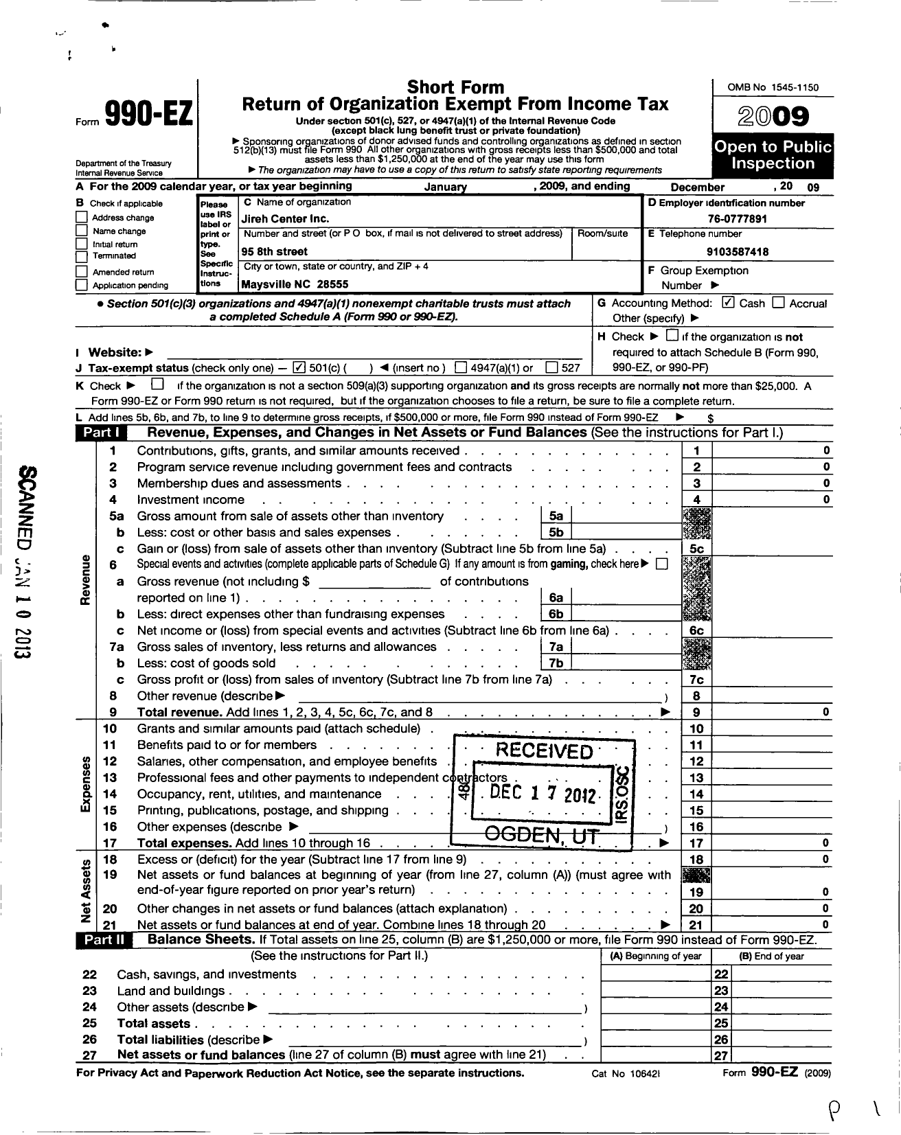 Image of first page of 2009 Form 990EO for Jireh Center