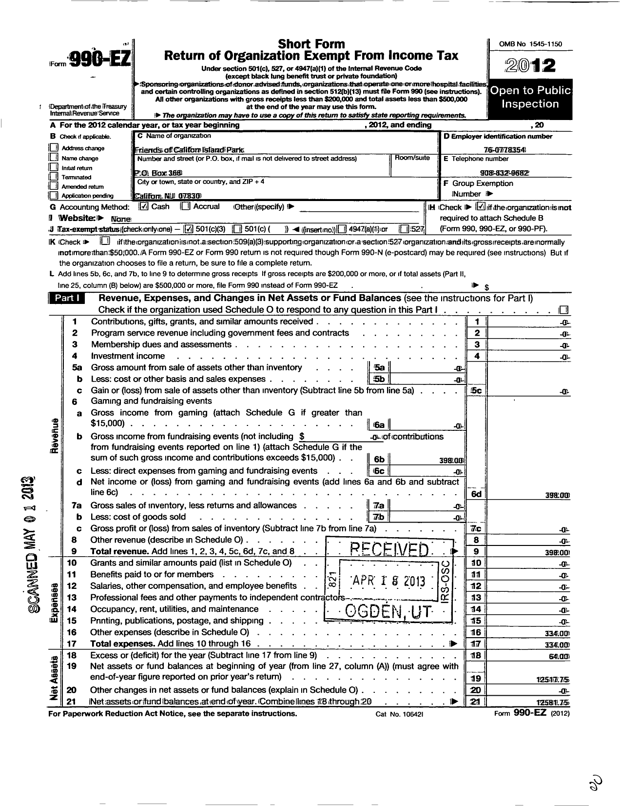 Image of first page of 2012 Form 990EZ for Friends of the Califon Island Park