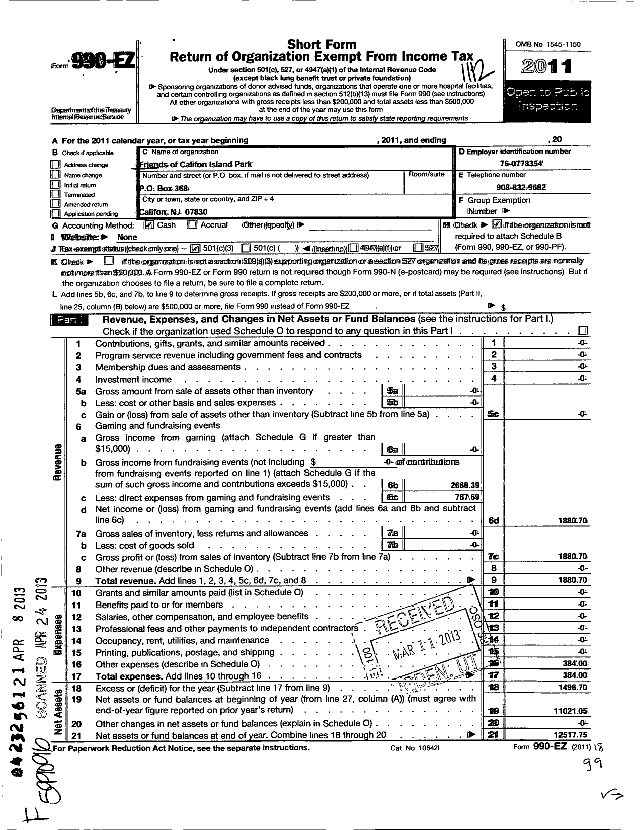 Image of first page of 2011 Form 990EZ for Friends of the Califon Island Park