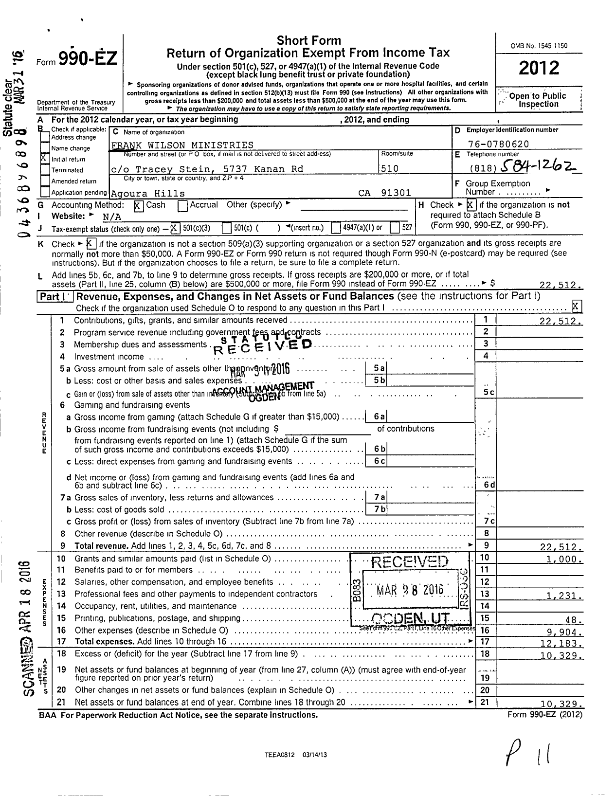 Image of first page of 2012 Form 990EZ for Frank Wilson Ministries