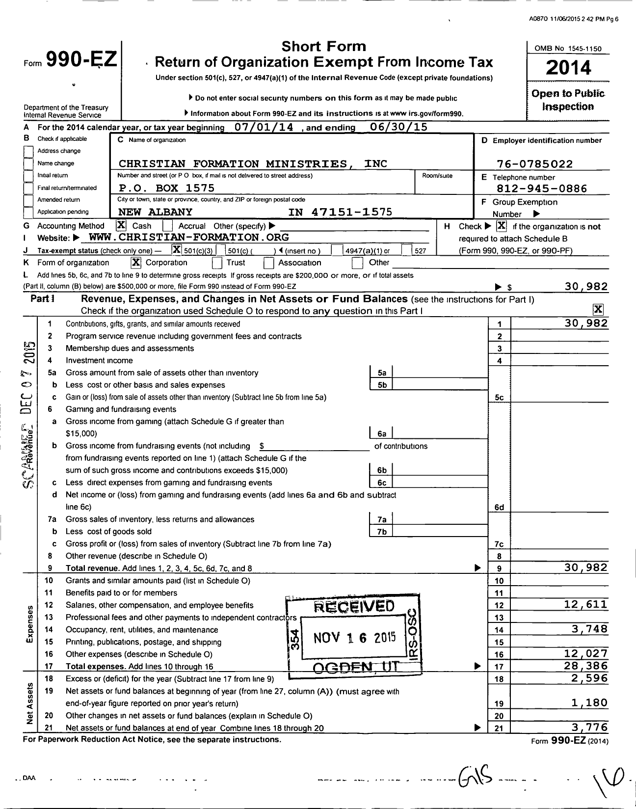 Image of first page of 2014 Form 990EZ for Christian Formation Ministries Incorporated