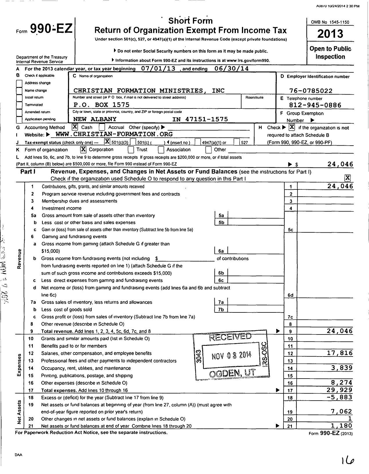 Image of first page of 2013 Form 990EZ for Christian Formation Ministries Incorporated