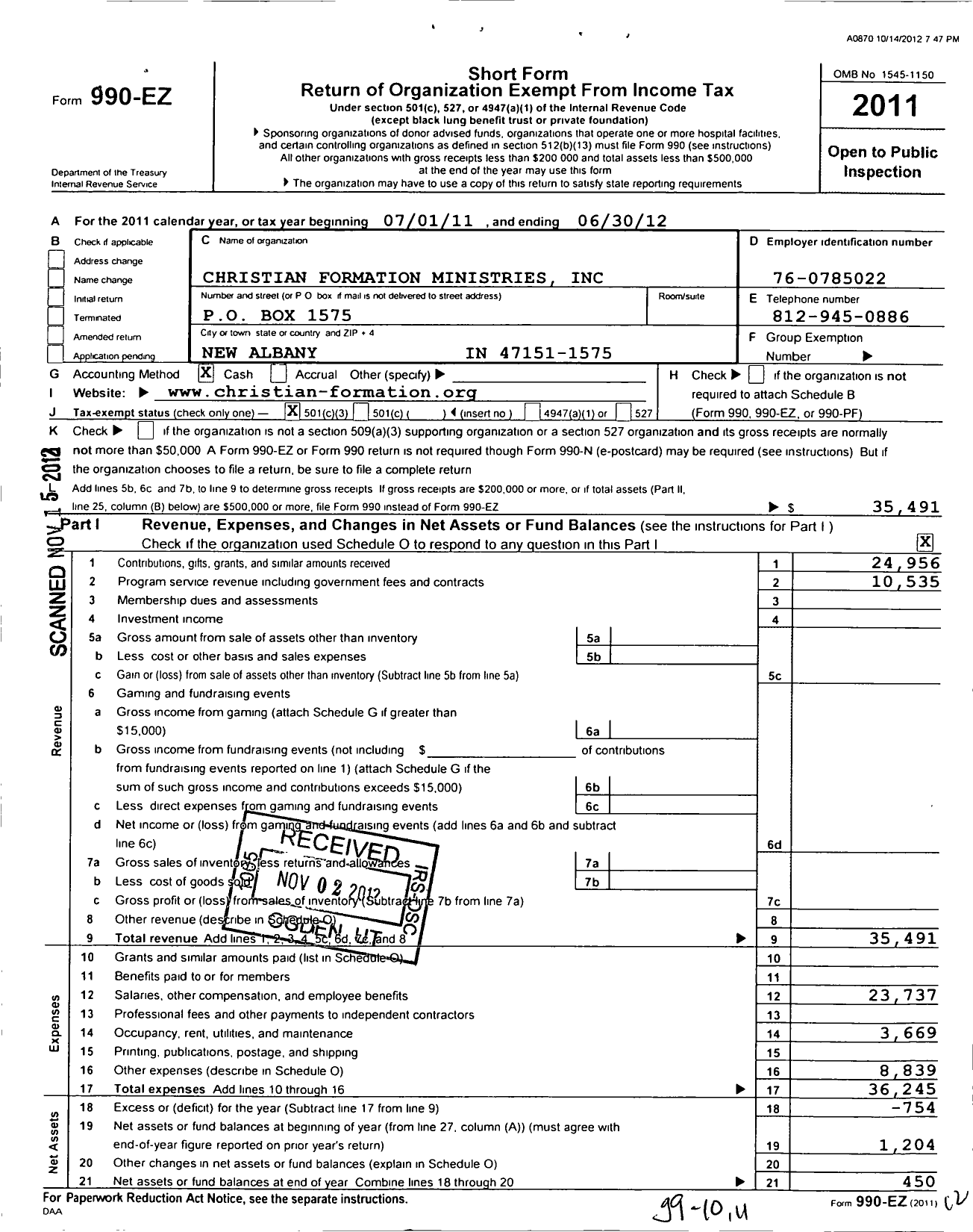 Image of first page of 2011 Form 990EZ for Christian Formation Ministries Incorporated