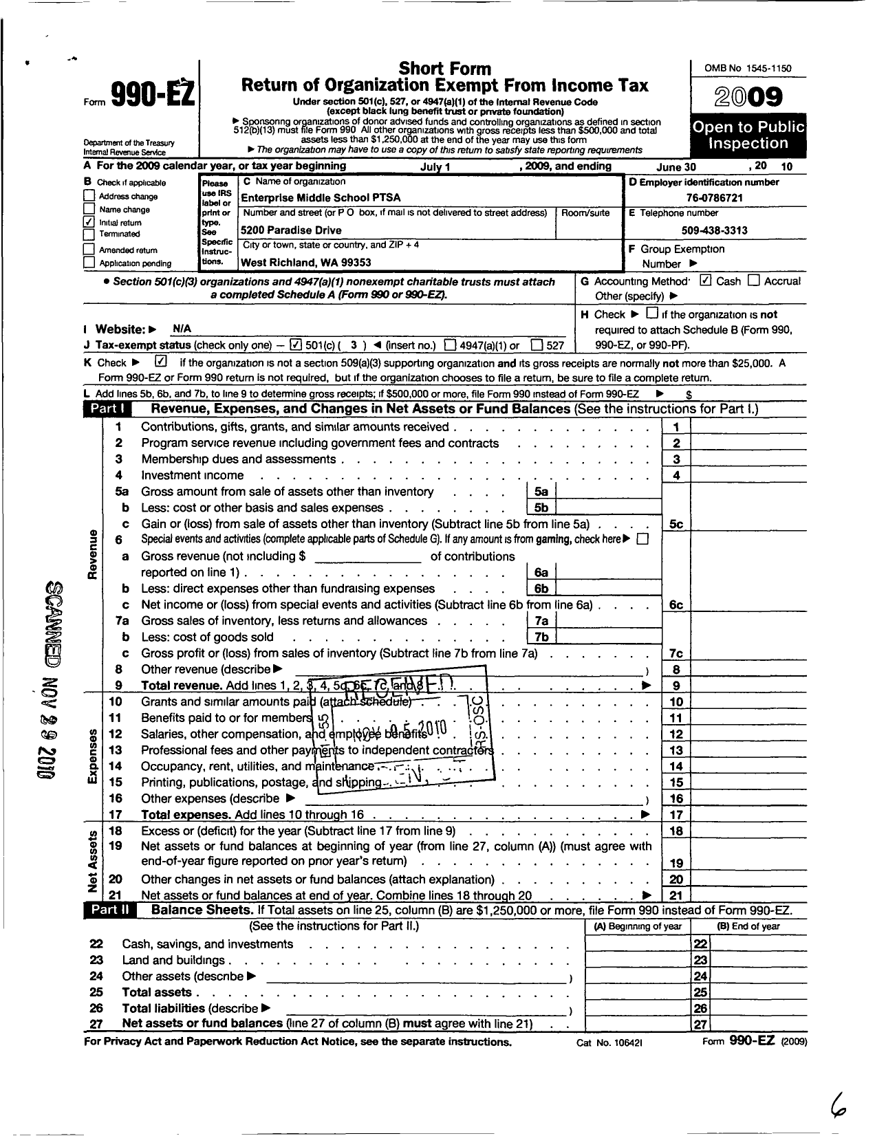 Image of first page of 2009 Form 990EZ for Enterprise Middle School Ptsa