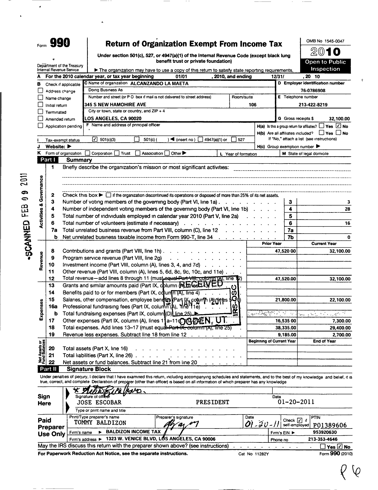 Image of first page of 2010 Form 990O for Alcanzando La Meta