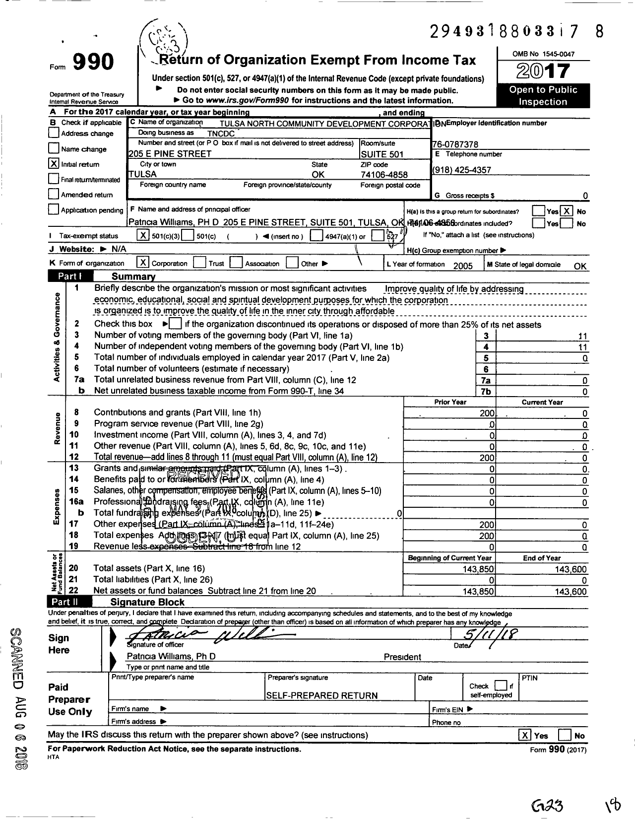 Image of first page of 2017 Form 990 for Tulsa North Community Development Corporation (TNCDC)