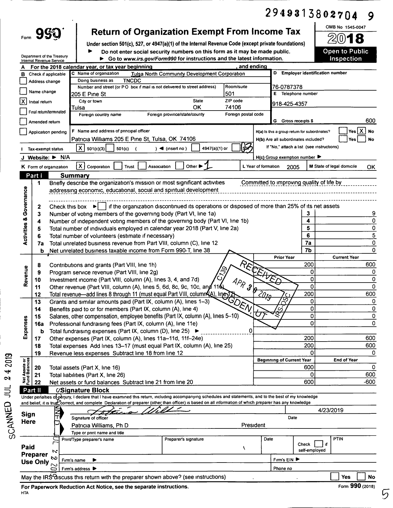 Image of first page of 2018 Form 990 for Tulsa North Community Development Corporation (TNCDC)