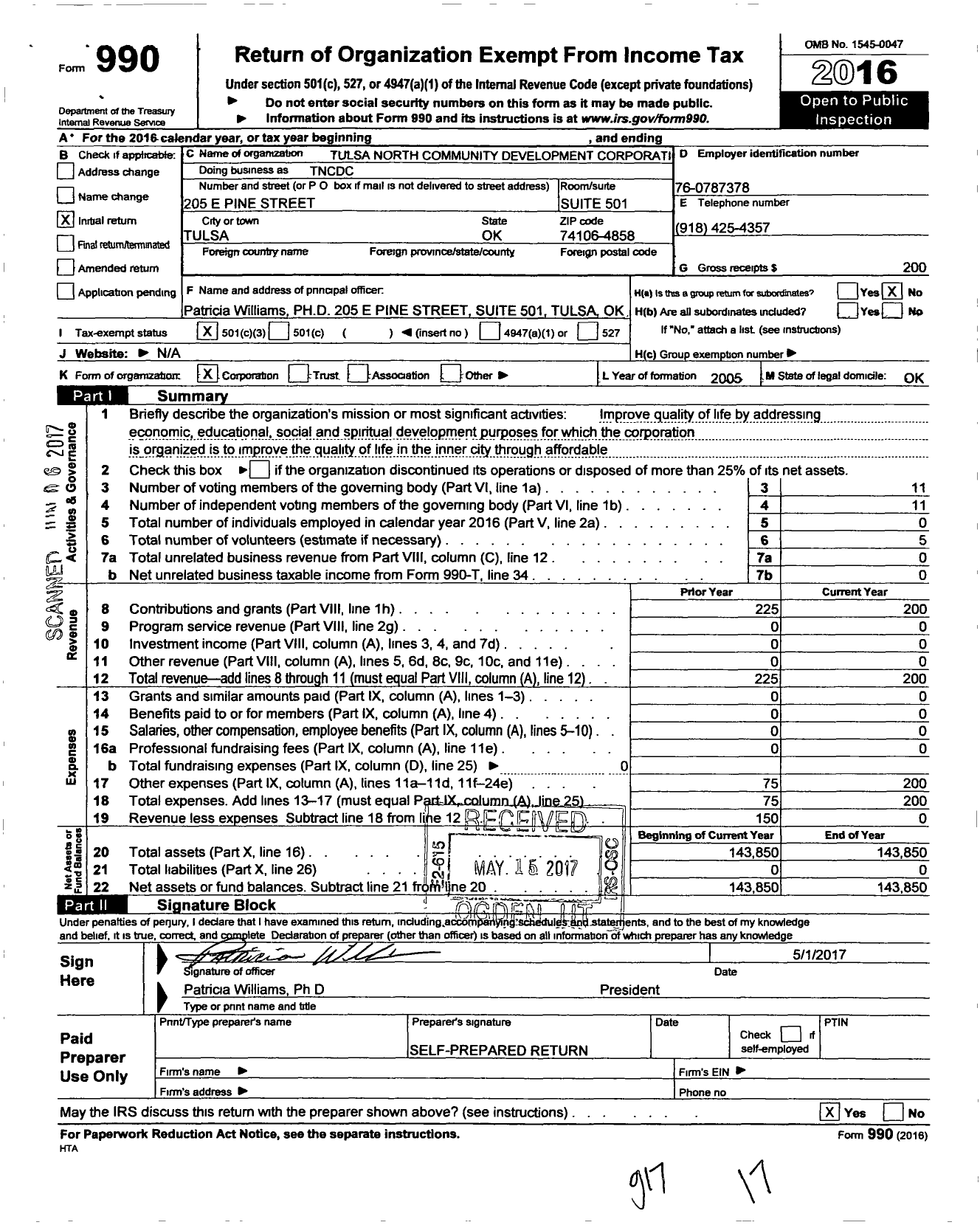 Image of first page of 2016 Form 990 for Tulsa North Community Development Corporation (TNCDC)