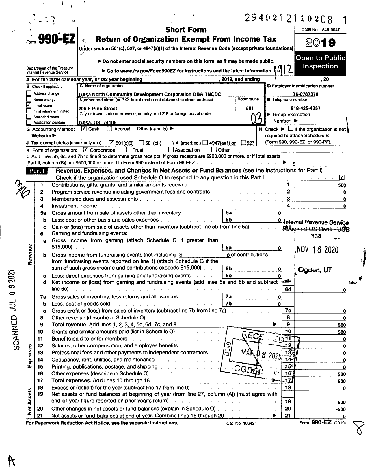 Image of first page of 2019 Form 990EZ for Tulsa North Community Development Corporation (TNCDC)