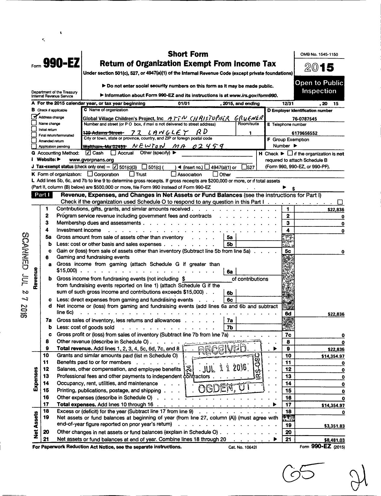 Image of first page of 2015 Form 990EZ for Global Village Childrens Project