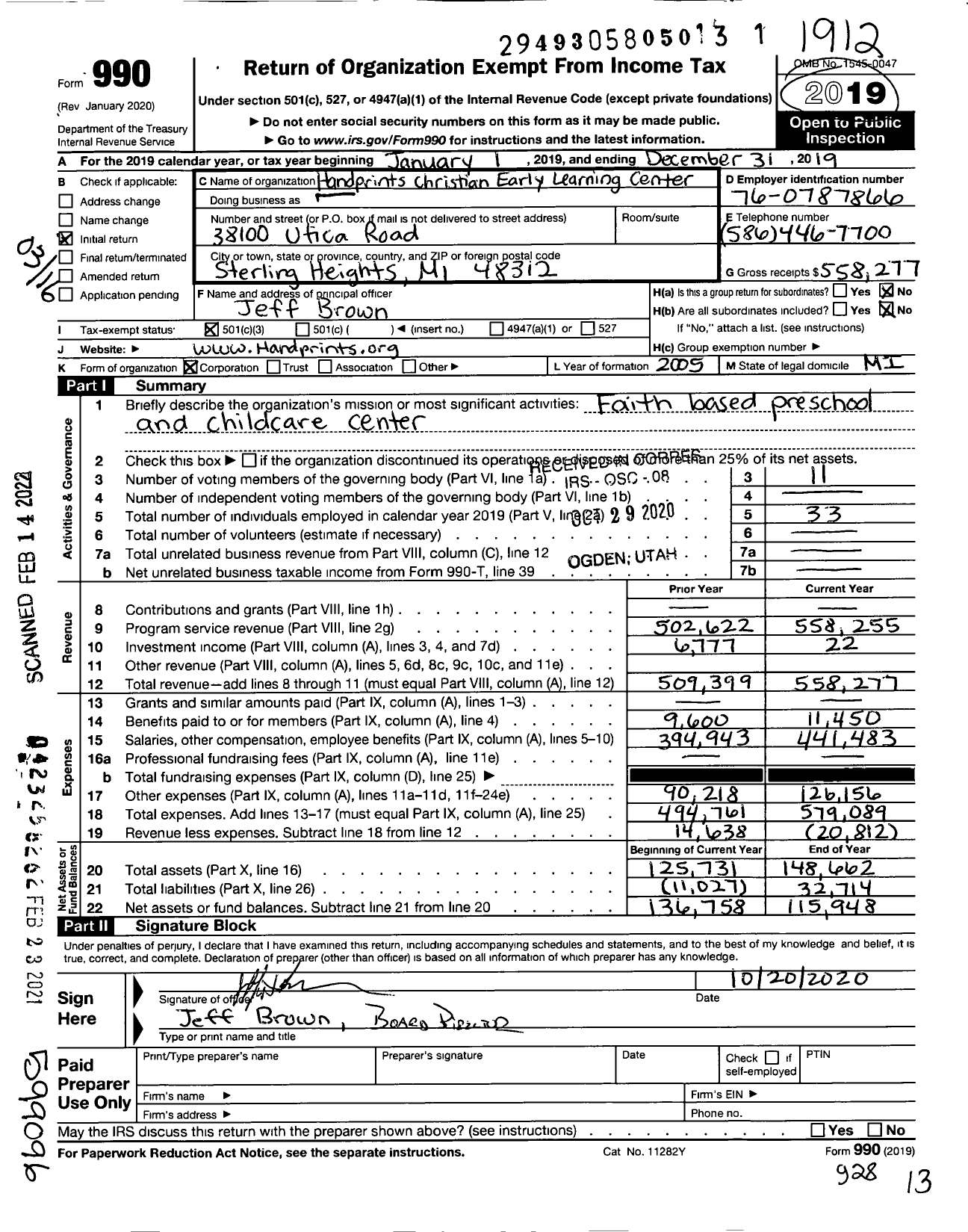 Image of first page of 2019 Form 990 for Handprints Christian Early Learning Center