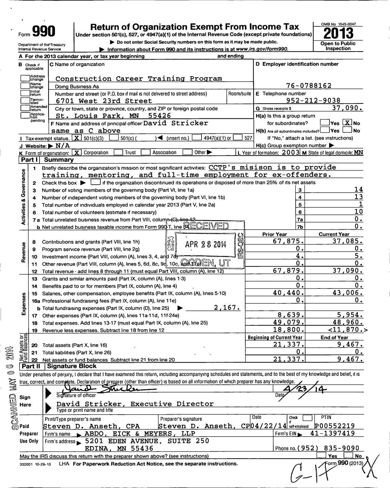 Image of first page of 2013 Form 990 for Construction Career Training Program