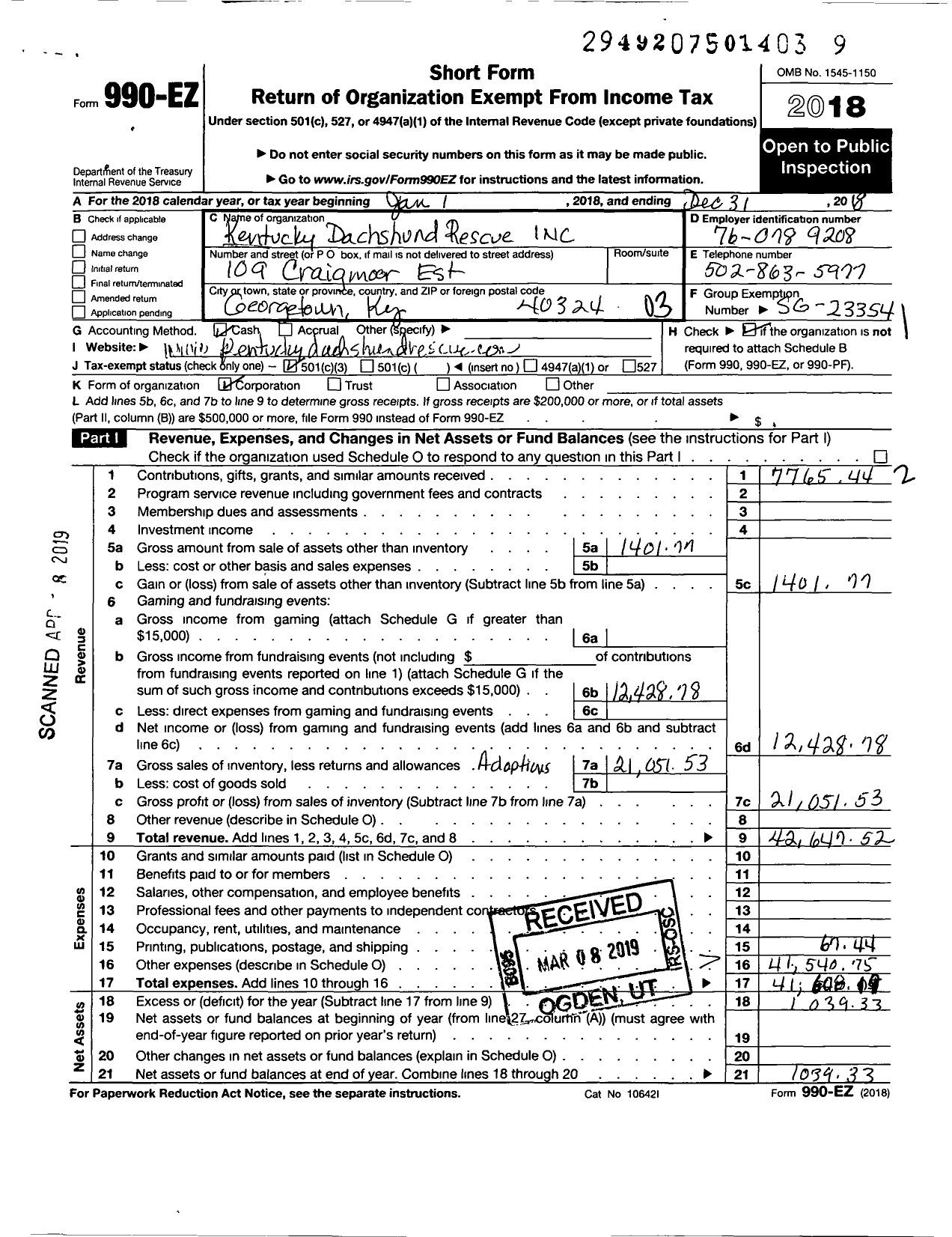 Image of first page of 2018 Form 990EZ for Kentucky Dachshund Rescue