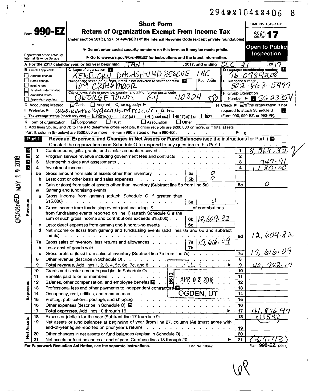 Image of first page of 2017 Form 990EZ for Kentucky Dachshund Rescue