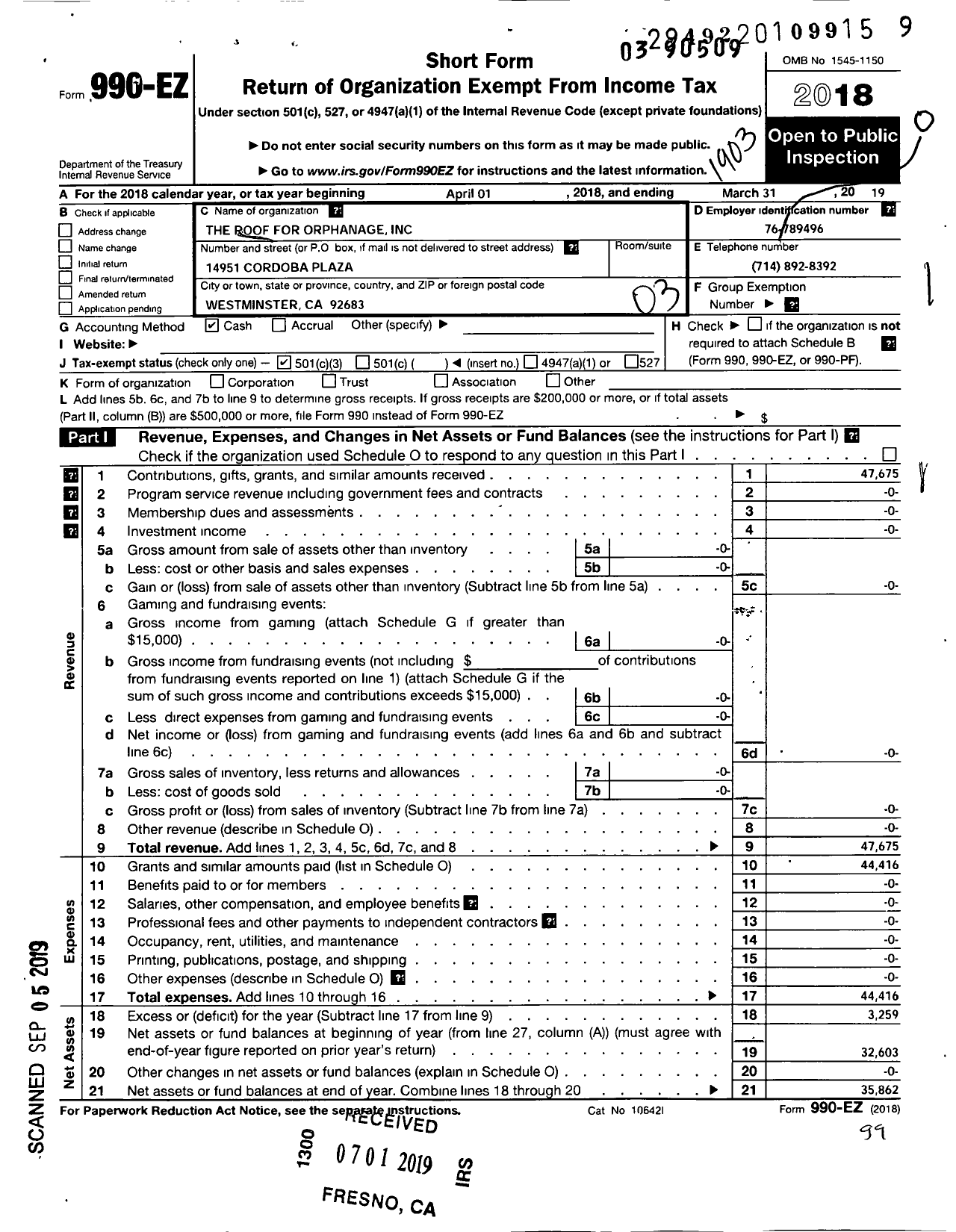 Image of first page of 2018 Form 990EZ for The Roof for Orphanage