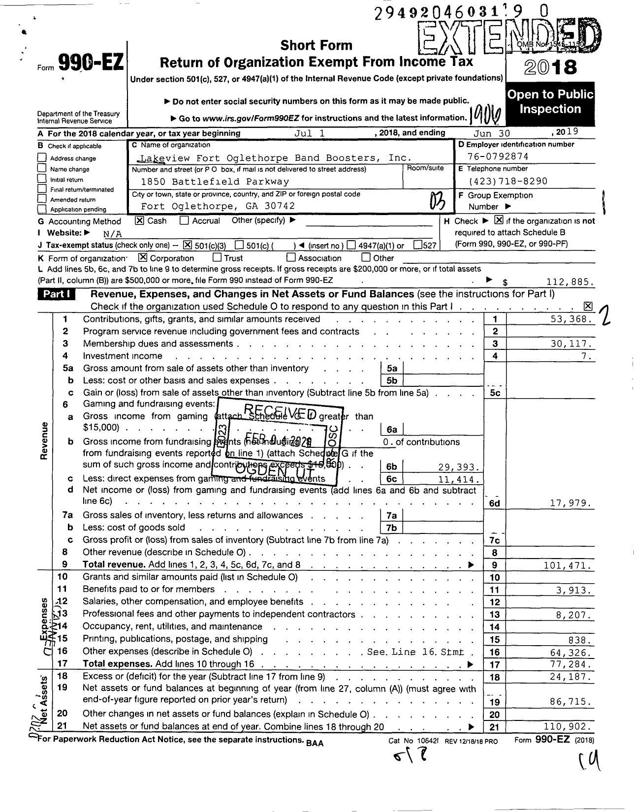 Image of first page of 2018 Form 990EZ for Lakeview Fort Oglethorpe Band Boosters