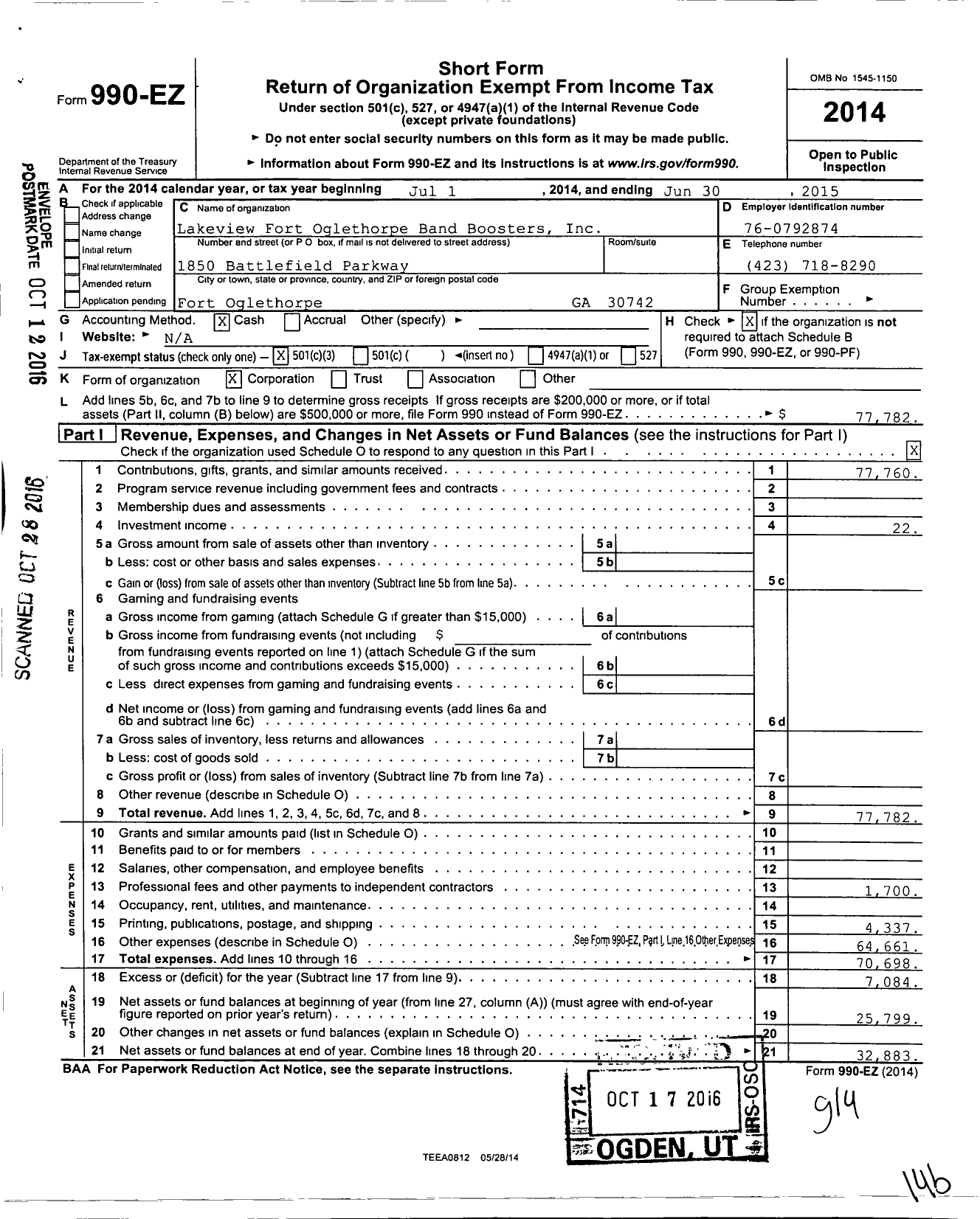 Image of first page of 2014 Form 990EZ for Lakeview Fort Oglethorpe Band Boosters