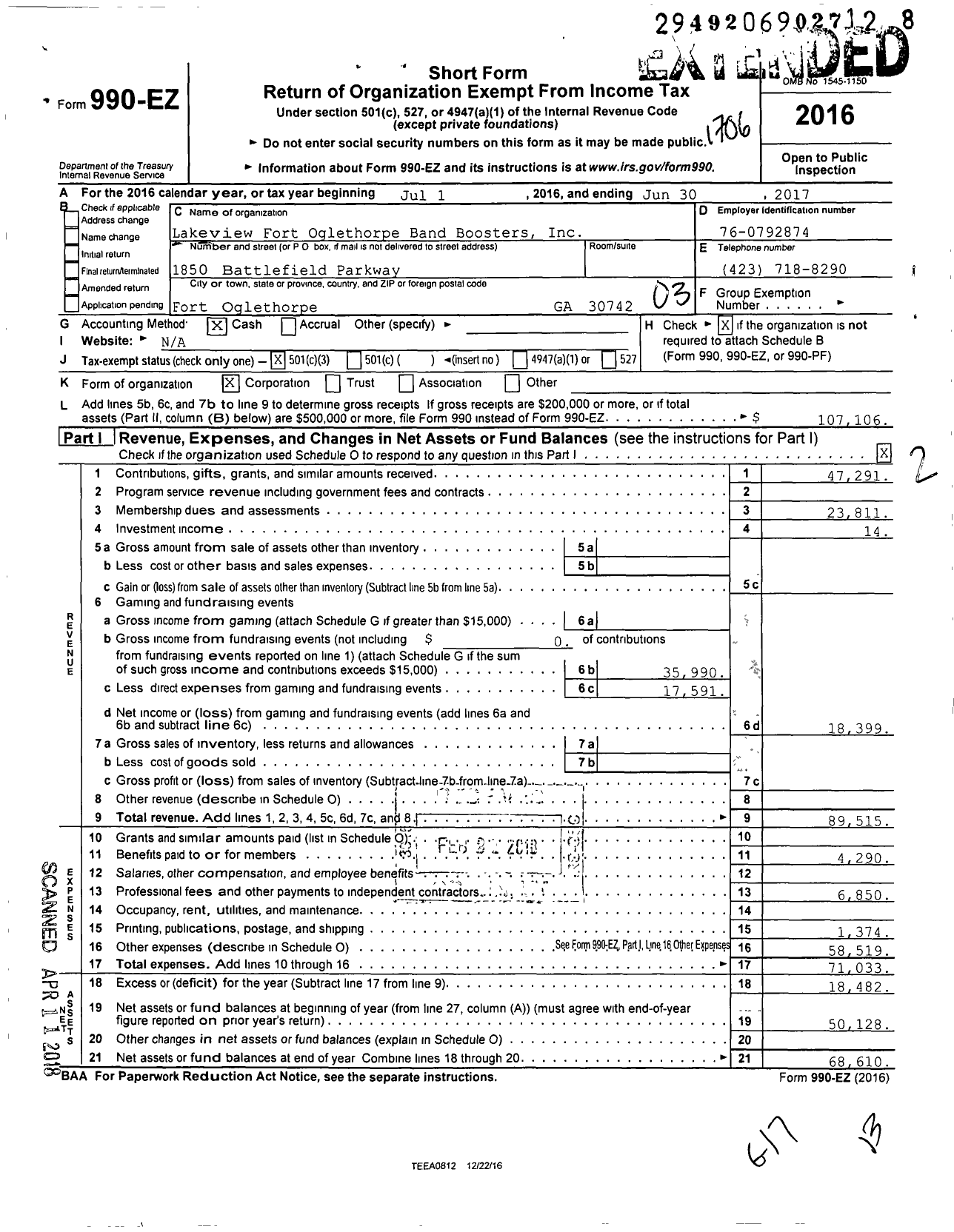 Image of first page of 2016 Form 990EZ for Lakeview Fort Oglethorpe Band Boosters