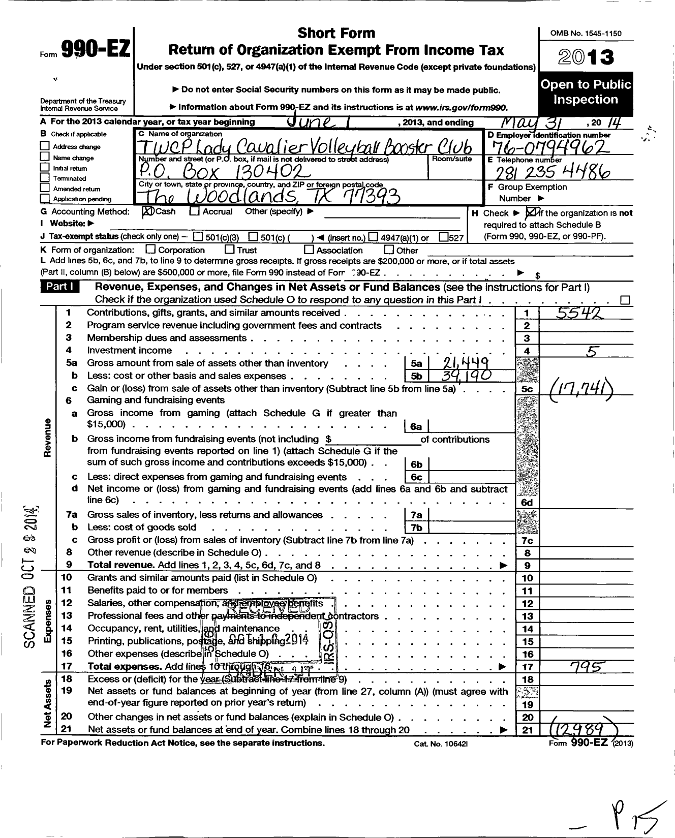 Image of first page of 2013 Form 990EO for TWCP Lady Cavaliers Volleyball Booster Club