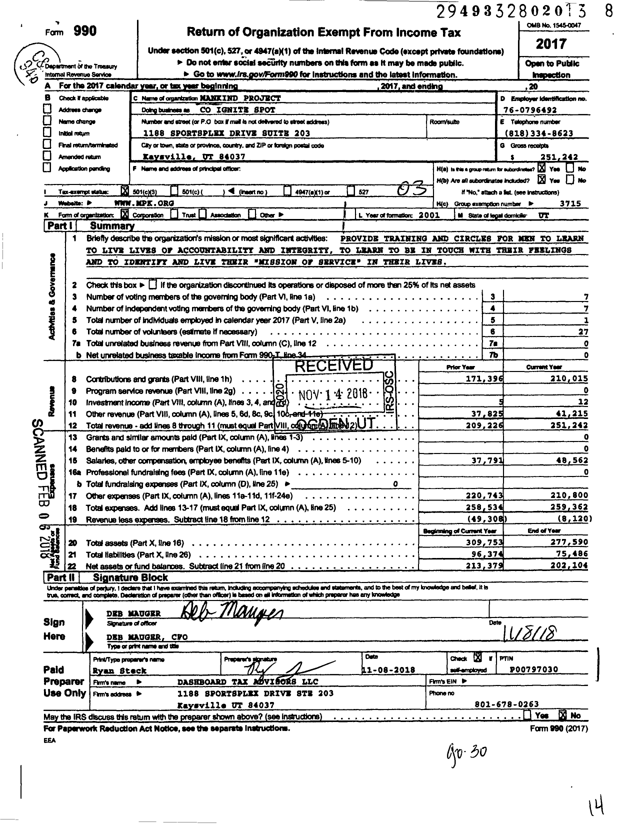 Image of first page of 2017 Form 990 for Mankind Project