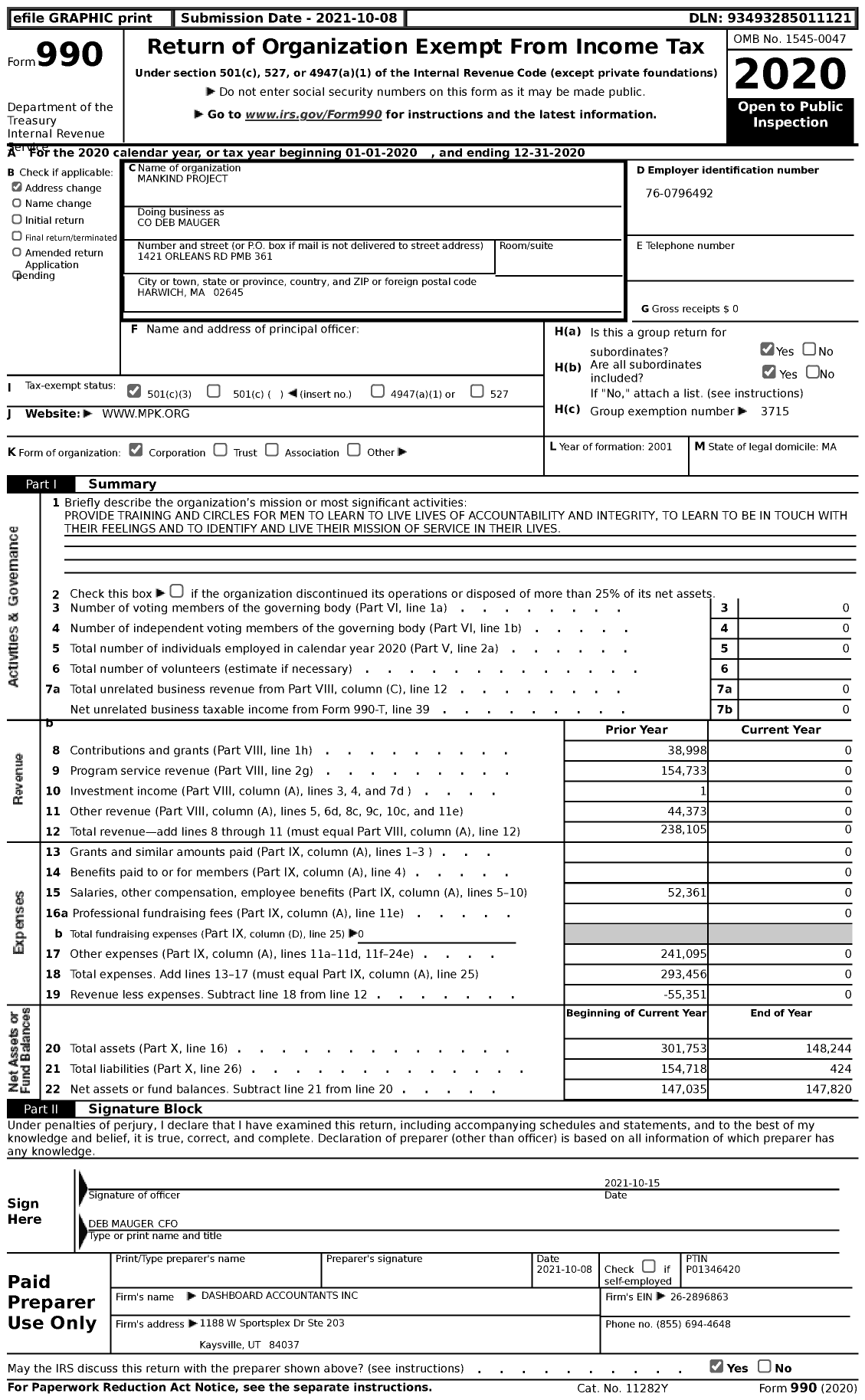 Image of first page of 2020 Form 990 for Mankind Project