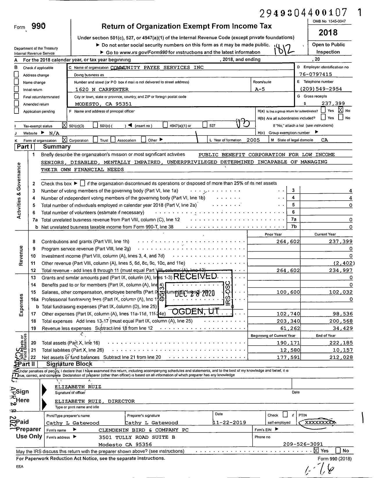 Image of first page of 2018 Form 990 for Community Payee Services