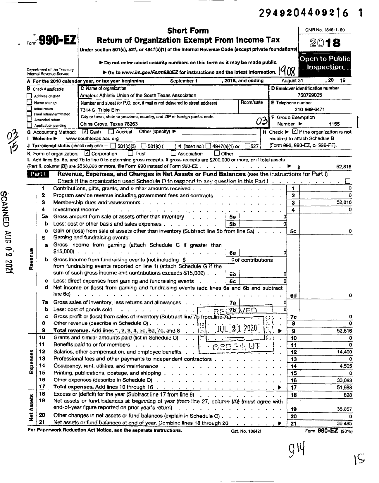 Image of first page of 2018 Form 990EZ for Amateur Athletic Union - South Texas Aau