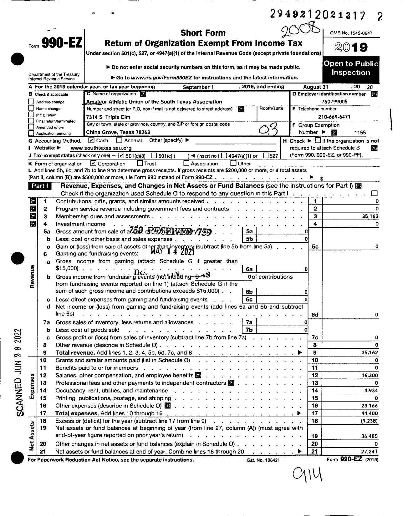 Image of first page of 2019 Form 990EZ for Amateur Athletic Union - South Texas Aau