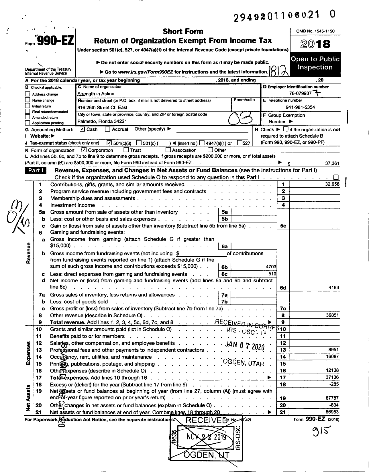 Image of first page of 2018 Form 990EZ for Strength in Action